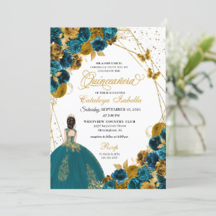 Teal & Gold Butterfly Princess Quinceanera Invitation
