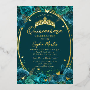 Teal Gold Captivating Floral Butterfly Quinceanera