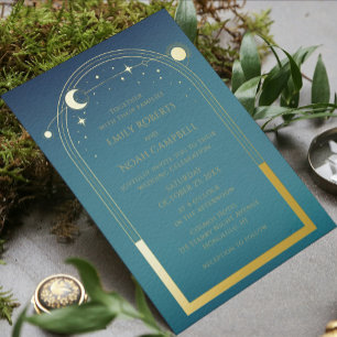 Teal Gold Celestial Sun Moon Stars Foil Wedding