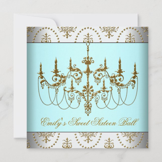 Teal Gold Chandelier Classy Sweet Sixteen Ball Invitation (Front)