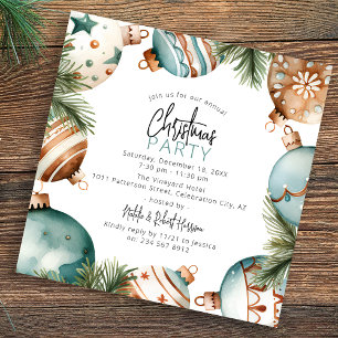 Teal & Gold Christmas Tree Ornaments Party Invitation