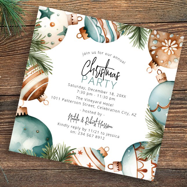 Teal & Gold Christmas Tree Ornaments Party Invitation (Creator Uploaded)