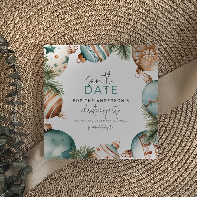Teal & Gold Christmas Tree Ornaments Party Save The Date (Creator Uploaded)