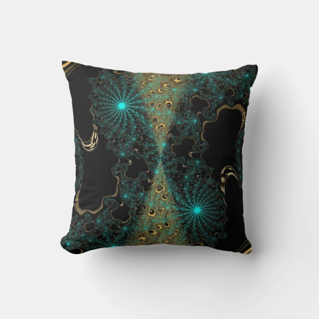 Teal & Gold Contrast Fractal Web Swirl Cushion (Front)