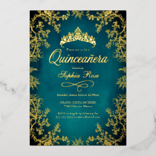Teal Gold Crown Floral Quinceanera 