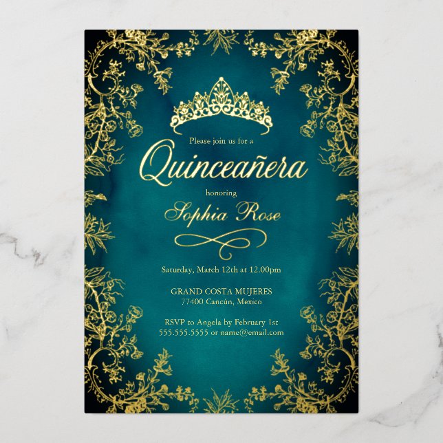 Teal Gold Crown Floral Quinceanera  (Front)