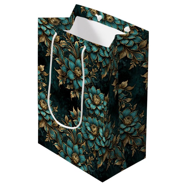 Teal & Gold Dark Grunge Flowers  Medium Gift Bag (Front Angled)