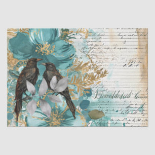 Teal & Gold Distressed Floral & Ravens Tissue Paper