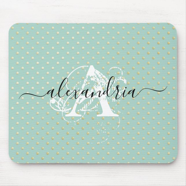 Teal Gold Dots Monogram Mouse Pad (Front)