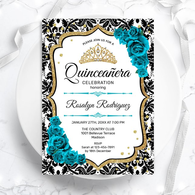 Teal Gold Elegant Damask Quinceanera Invitation (Creator Uploaded)