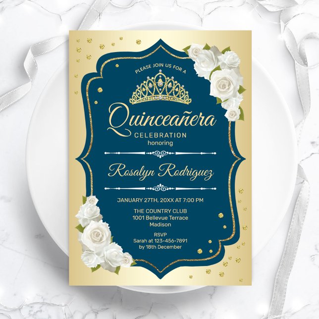 Teal Gold Elegant Quinceanera Invitation (Creator Uploaded)