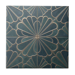 Teal Gold Fan Pattern Art Deco Geometric Ceramic Tile