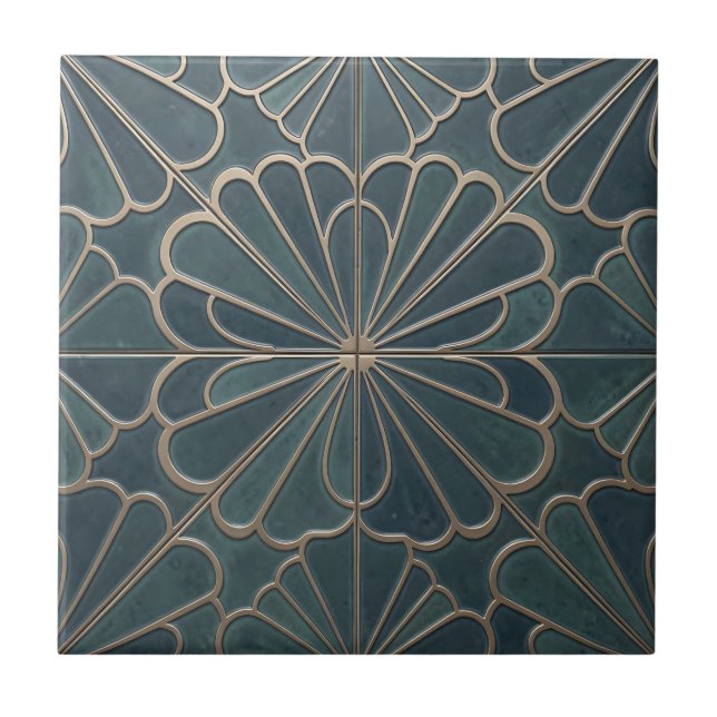 Teal Gold Fan Pattern Art Deco Geometric Ceramic Tile (Front)