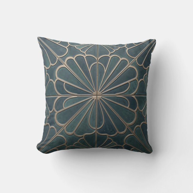 Teal Gold Fan Pattern Art Deco Geometric Cushion (Front)
