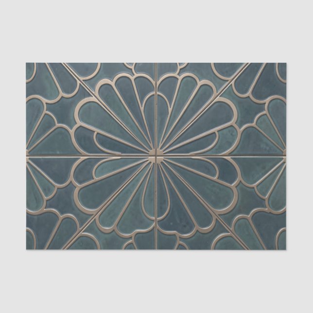 Teal Gold Fan Pattern Art Deco Geometric Tissue Paper (Front)