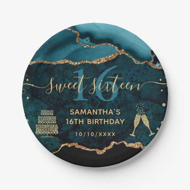 Teal & Gold Faux Glitter Agate Marble Sweet 16 Paper Plate (Front)