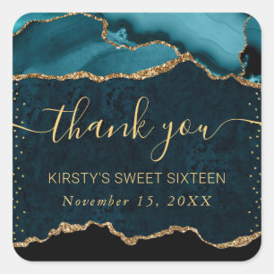 Teal & Gold Faux Glitter Agate Marble Sweet 16 Square Sticker