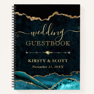 Teal & Gold Faux Glitter Agate Wedding Guest Book