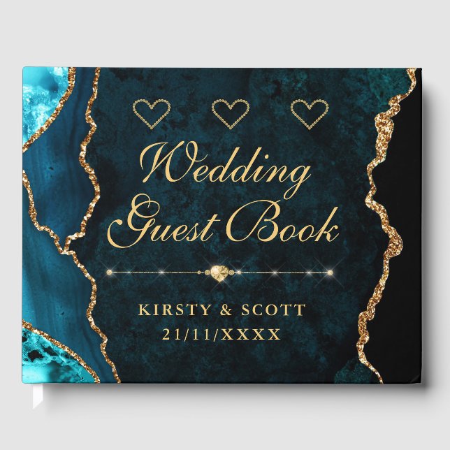 Teal & Gold Faux Glitter Agate Wedding Guest Book (Front)