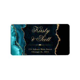 Teal & Gold Faux Glitter Agate Wedding Label