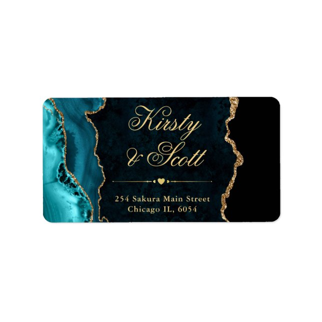 Teal  & Gold Faux Glitter Agate Wedding Label (Front)