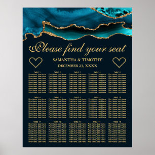Teal Gold Faux Glitter Agate Wedding Seating Chart