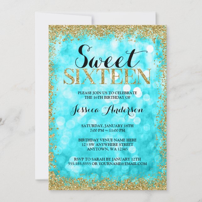 Teal Gold Faux Glitter Lights Sweet 16 Birthday Invitation (Front)