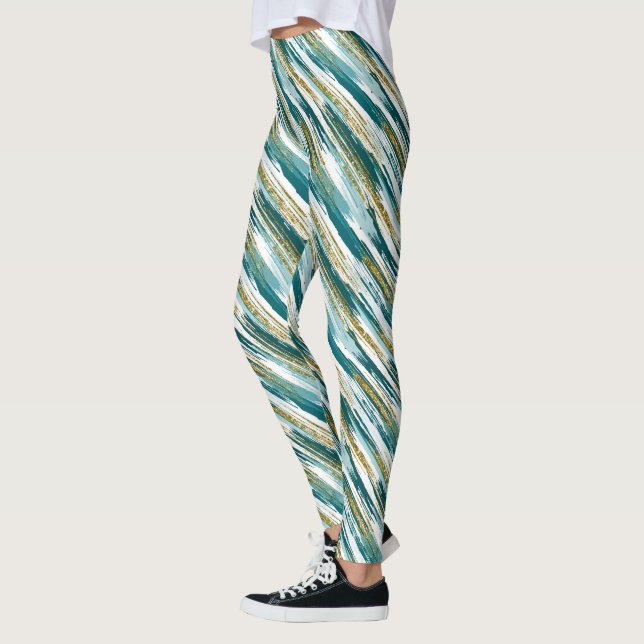 Teal Gold Faux Glitter Modern Abstract Leggings (Left)