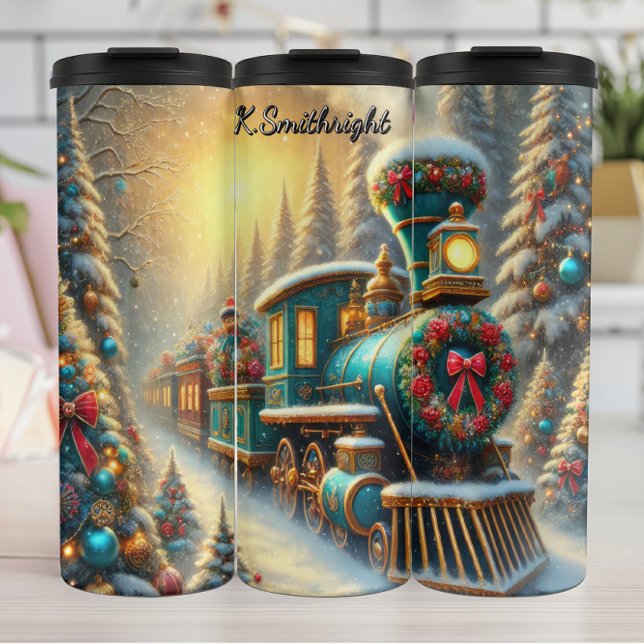Teal Gold Festive Train Snowy Forest Thermal Tumbler (Creator Uploaded)