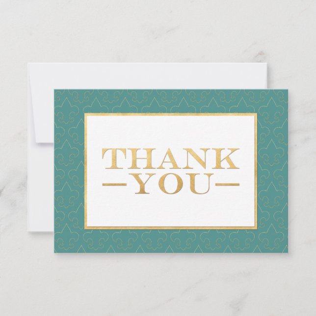 Teal & Gold Fleur De Lis Wedding Thank You Cards (Front)