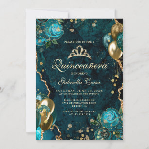 Teal Gold Floral Agate Photo Quinceanera  Invitation