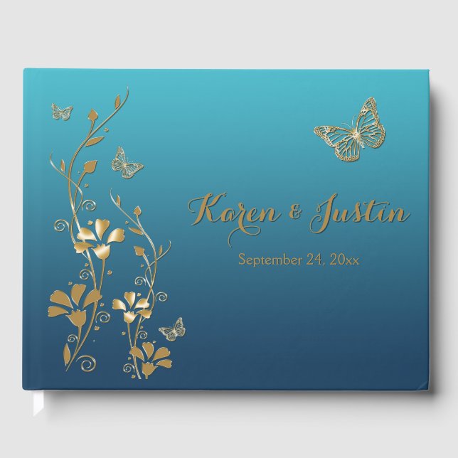 Teal, Gold Floral, Butterflies Wedding Guestbook (Front)