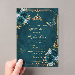 Teal  Gold Floral Butterfly Quinceañera Acrylic Invitations