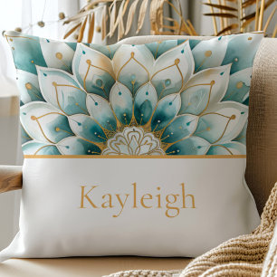 Teal Gold Floral Mandala Personalised Cushion