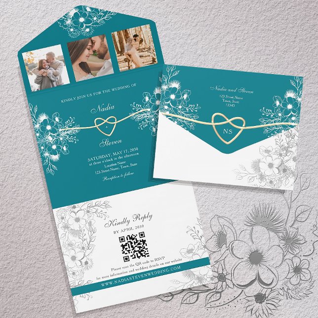 Teal Gold Floral Monogram Wedding All In One Invitation (Creator Uploaded)