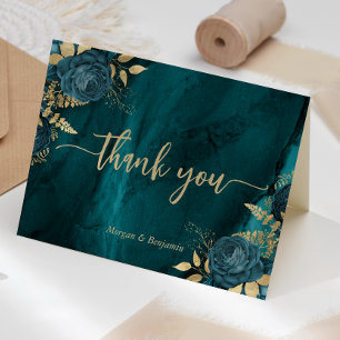 Teal Gold Floral Script Wedding Thank You Card