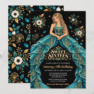 Teal Gold Floral Sweet Sixteen Birthday Invitation