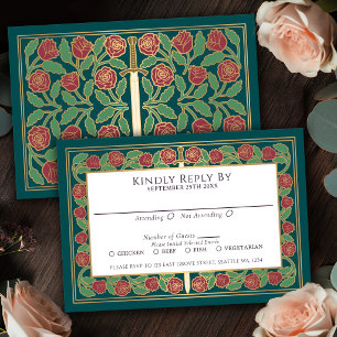 Teal Gold Floral Sword Royal Wedding RSVP Card