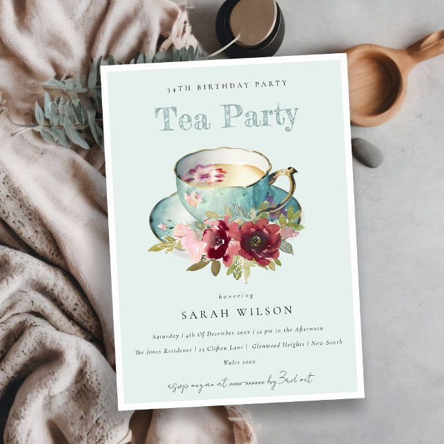 Teal Gold Floral Teacup Any Age Birthday Tea Party Invitation (Creator Uploaded)