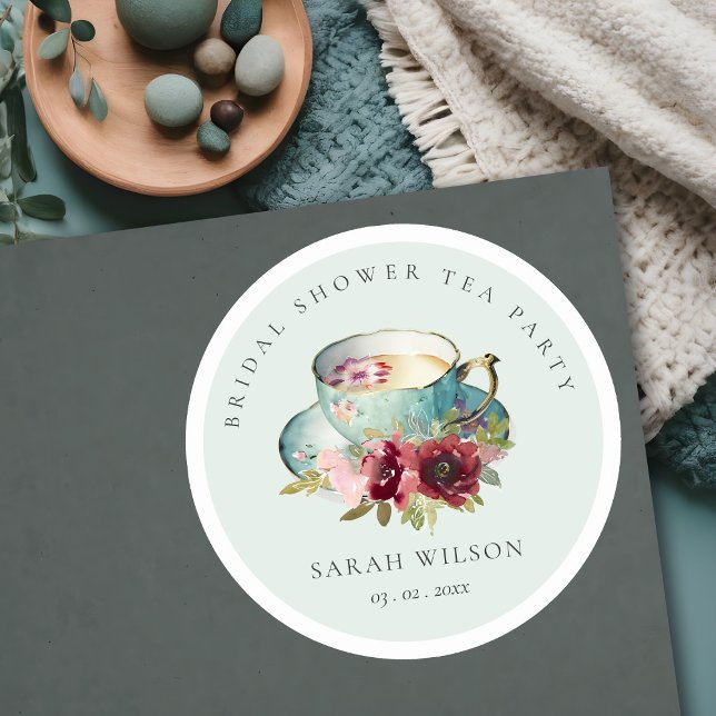 Teal Gold Floral Teacup Bridal Shower Tea Party Classic Round Sticker (Creator Uploaded)