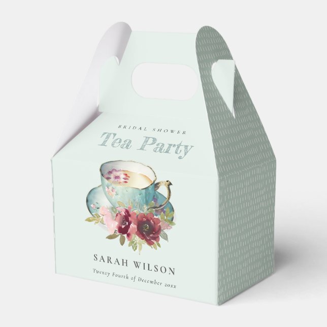 Teal Gold Floral Teacup Bridal Shower Tea Party Favour Box (Front Side)