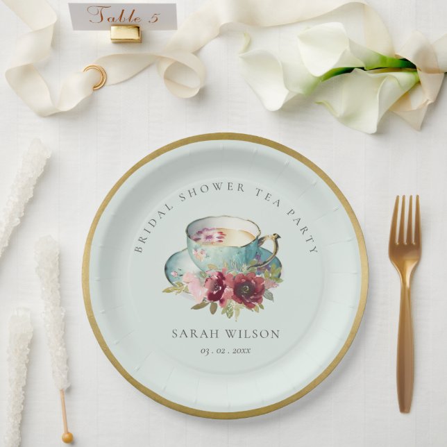 Teal Gold Floral Teacup Bridal Shower Tea Party Paper Plate (Wedding)