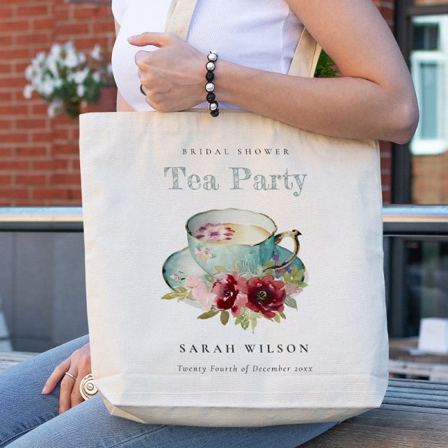 Teal Gold Floral Teacup Bridal Shower Tea Party Tote Bag (Creator Uploaded)