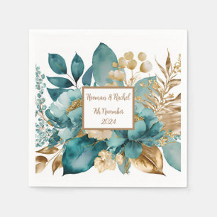 Teal & Gold Floral Wedding Napkins