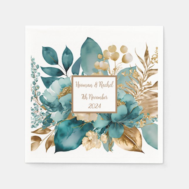 Teal & Gold Floral Wedding Napkins (Front)