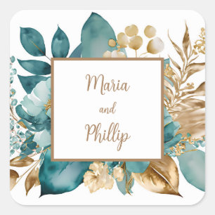 Teal & Gold Floral Wedding Square Sticker
