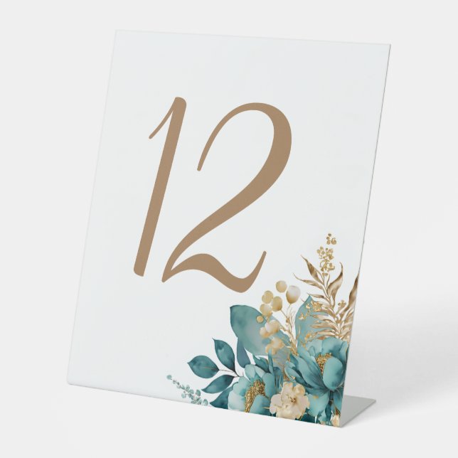 Teal & Gold Floral Wedding table numbers Pedestal Sign (Front)