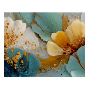Teal Gold Fluid Art Abstract Poster