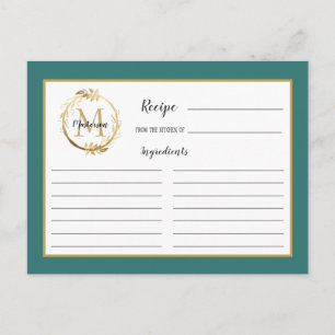 Teal Gold Foliage Botanical Monogram Recipe Card