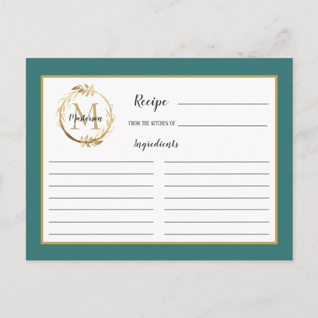 Teal Gold Foliage Botanical Monogram Recipe Card (Front)